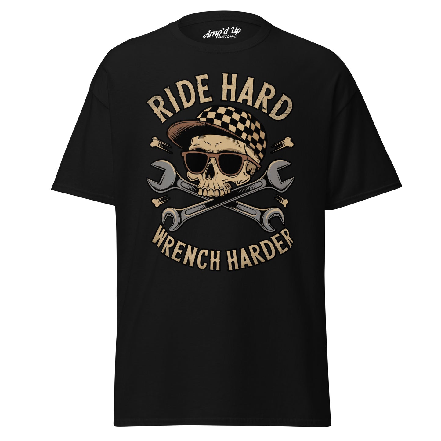 Ride Hard, Wrench Harder T-Shirt in Black featuring a skull with sunglasses and crossed wrenches