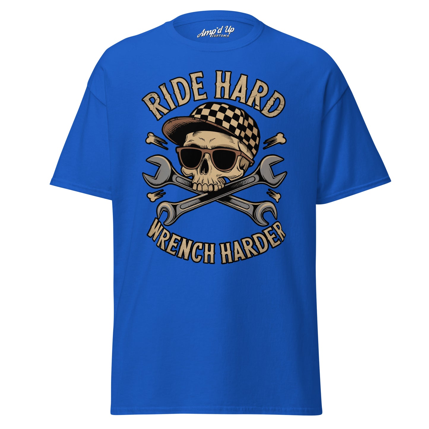 Blue Ride Hard, Wrench Harder T-Shirt featuring a skull and crossed wrenches design