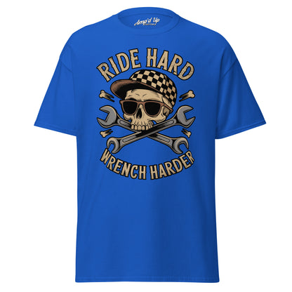 Blue Ride Hard, Wrench Harder T-Shirt featuring a skull and crossed wrenches design