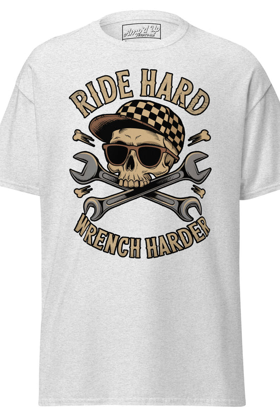 Ride Hard, Wrench Harder T-Shirt featuring a skull design with crossed wrenches and a checkered cap