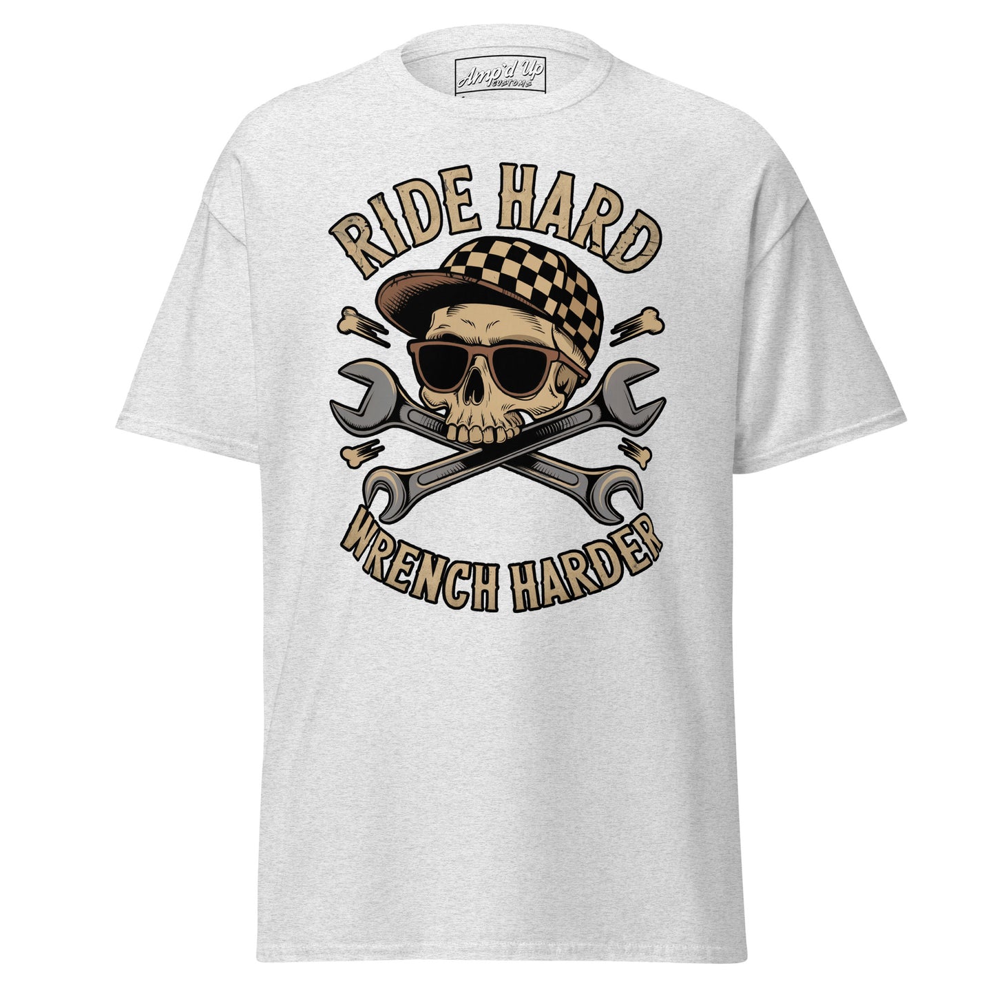 Ride Hard, Wrench Harder T-Shirt featuring a skull design with crossed wrenches and a checkered cap