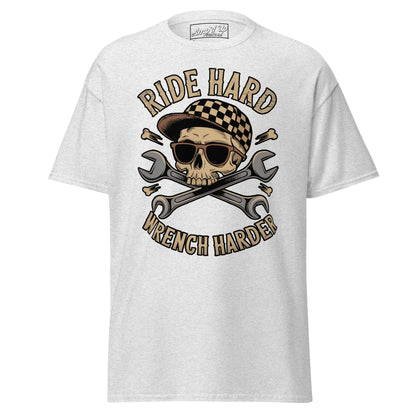 Ride Hard, Wrench Harder T-Shirt featuring a skull design with crossed wrenches and a checkered cap