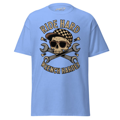 Amp'd Up Custom Ride Hard, Wrench Harder T-Shirt in Blue with Skull and Wrench Graphics
