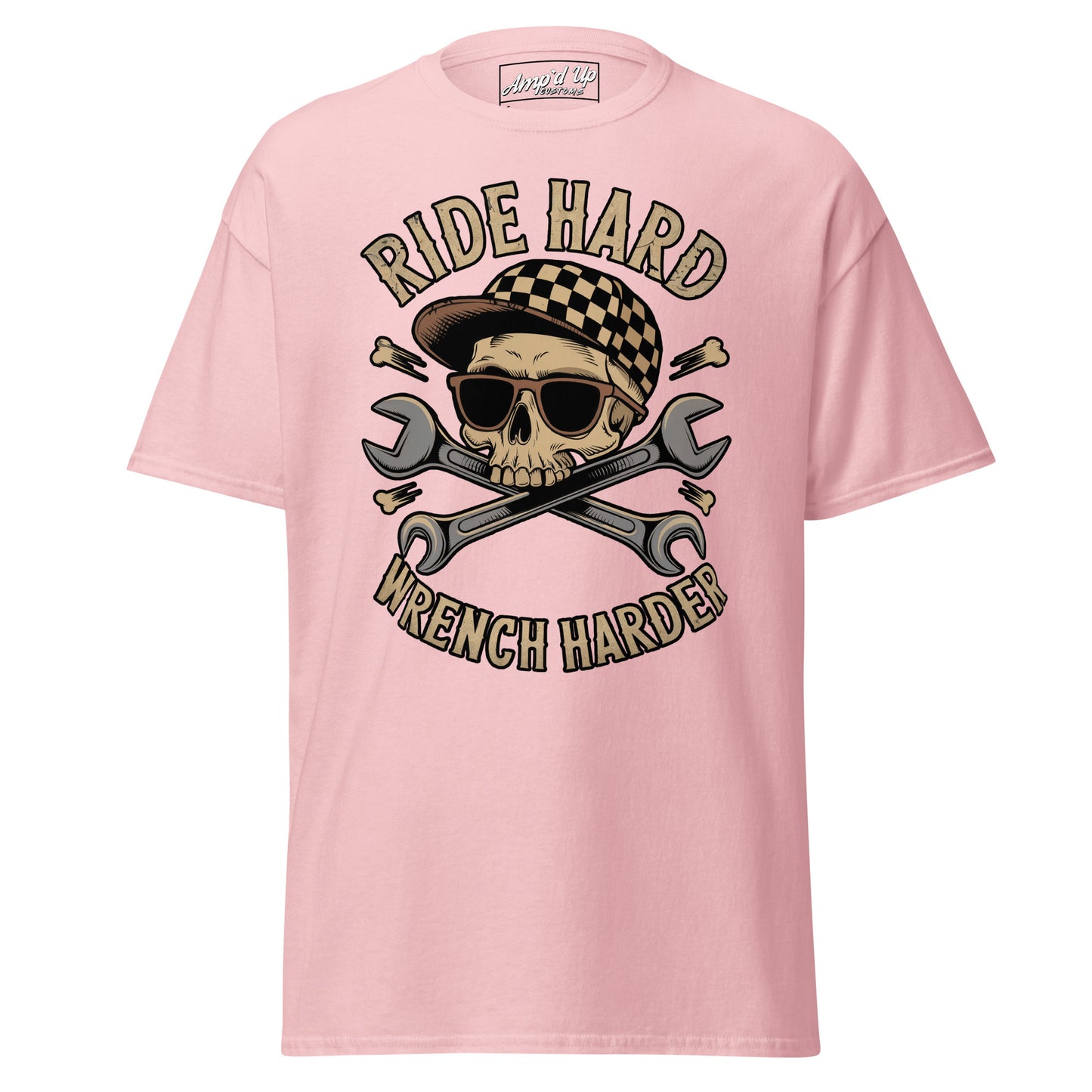 Ride Hard, Wrench Harder T-Shirt in Pink with Skull and Crossed Wrenches Design