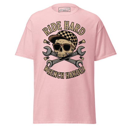 Ride Hard, Wrench Harder T-Shirt in Pink with Skull and Crossed Wrenches Design