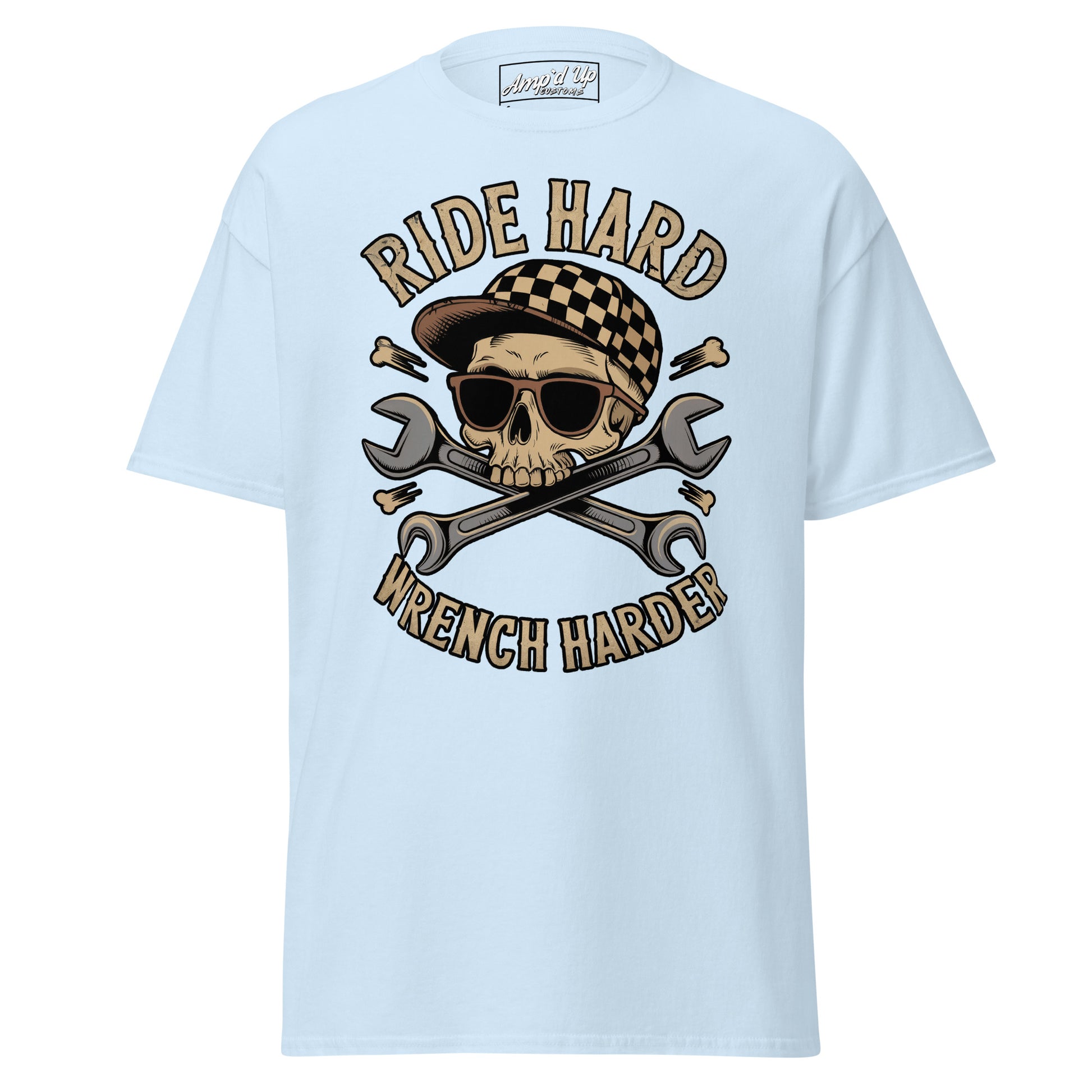 Light blue Ride Hard, Wrench Harder T-Shirt with skull and crossed wrenches graphic design