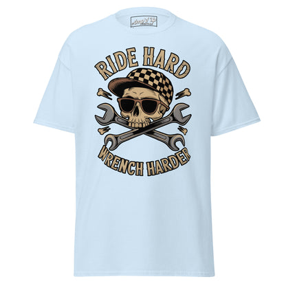 Light blue Ride Hard, Wrench Harder T-Shirt with skull and crossed wrenches graphic design