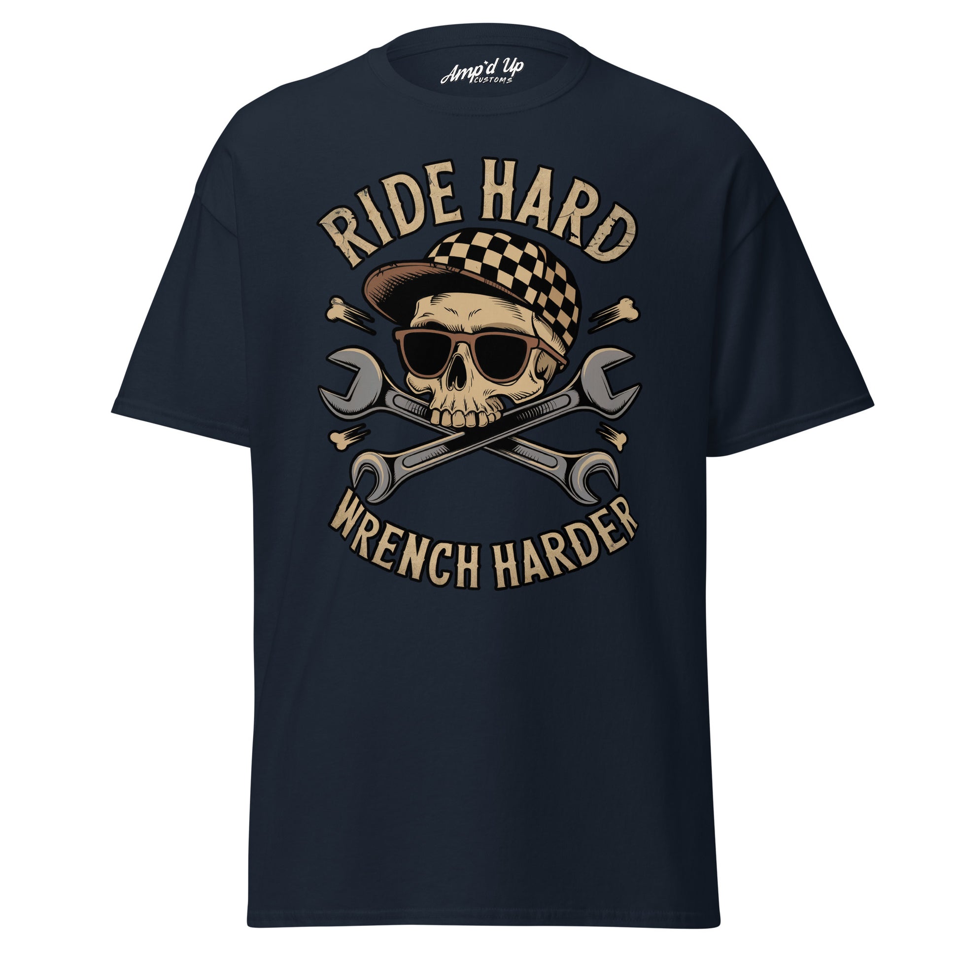 Dark blue Ride Hard, Wrench Harder T-Shirt featuring a skull graphic with sunglasses and crossed wrenches