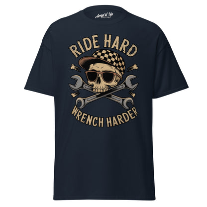 Dark blue Ride Hard, Wrench Harder T-Shirt featuring a skull graphic with sunglasses and crossed wrenches