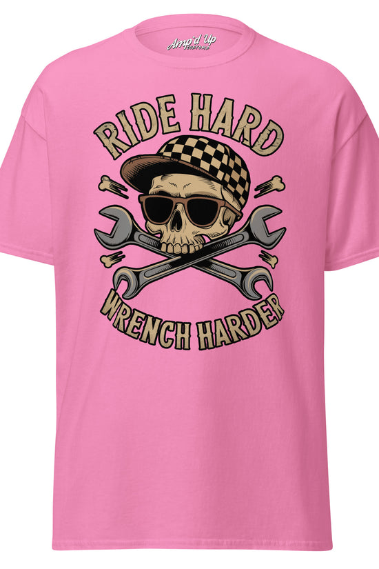 Ride Hard, Wrench Harder T-Shirt in pink featuring a skull design with crossed wrenches