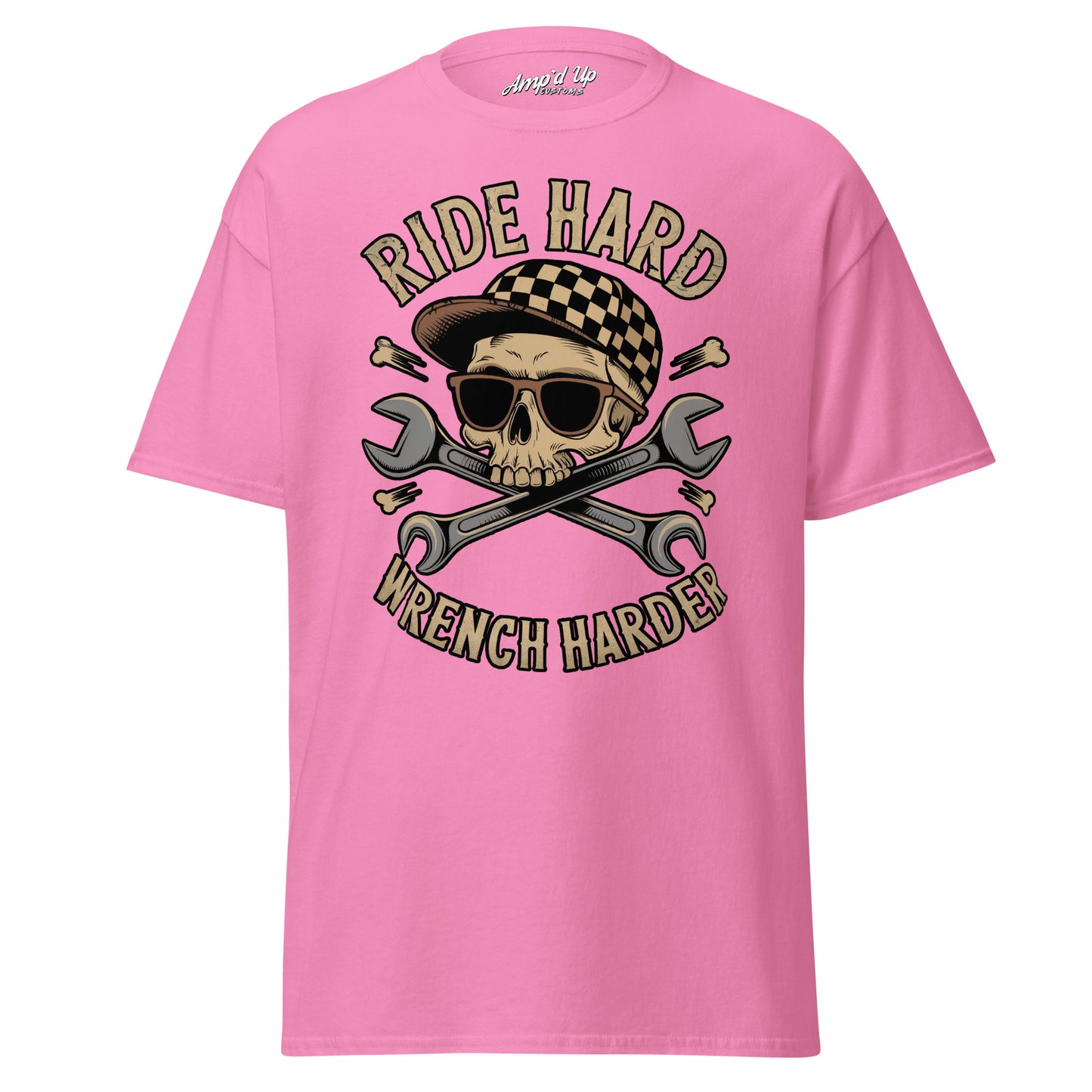 Ride Hard, Wrench Harder T-Shirt in pink featuring a skull design with crossed wrenches