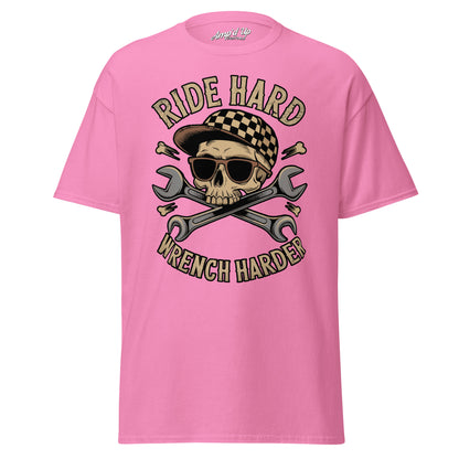 Ride Hard, Wrench Harder T-Shirt in pink featuring a skull design with crossed wrenches
