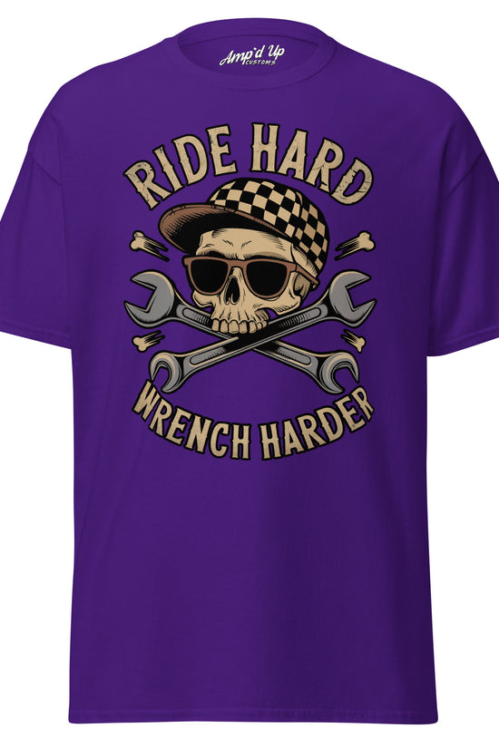 Purple Ride Hard, Wrench Harder T-Shirt featuring skull graphic with sunglasses and crossed wrenches