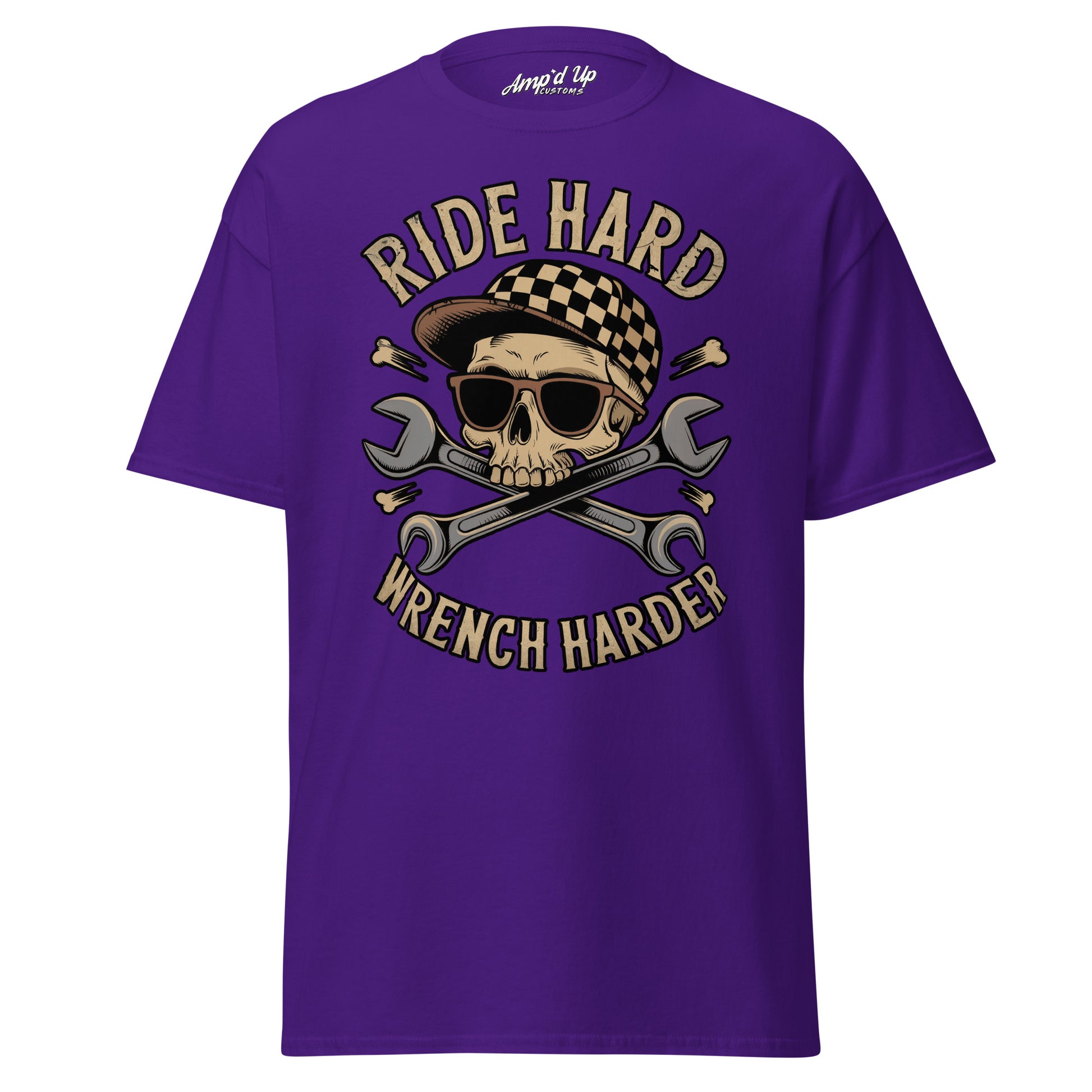 Purple Ride Hard, Wrench Harder T-Shirt featuring skull graphic with sunglasses and crossed wrenches