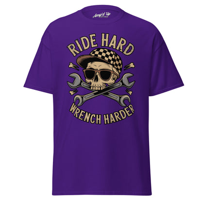 Purple Ride Hard, Wrench Harder T-Shirt featuring skull graphic with sunglasses and crossed wrenches