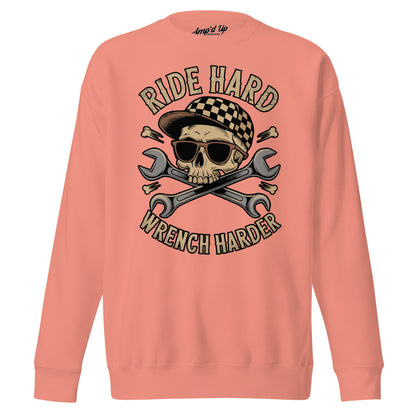 Amp'd Up Custom Ride Hard, Wrench Harder Sweatshirt with skull and wrench design in coral color
