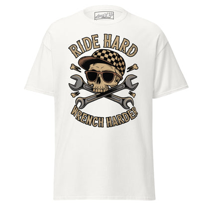 Ride Hard, Wrench Harder T-Shirt featuring a skull graphic and crossed wrenches on a white background