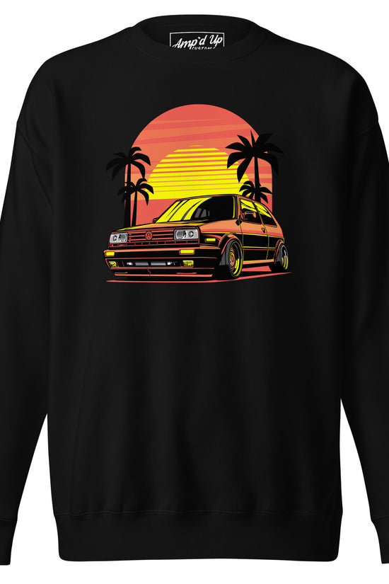 Amp'd Up Custom Sunset Volkswagen Sweatshirt featuring a vibrant sunset graphic with a vintage car