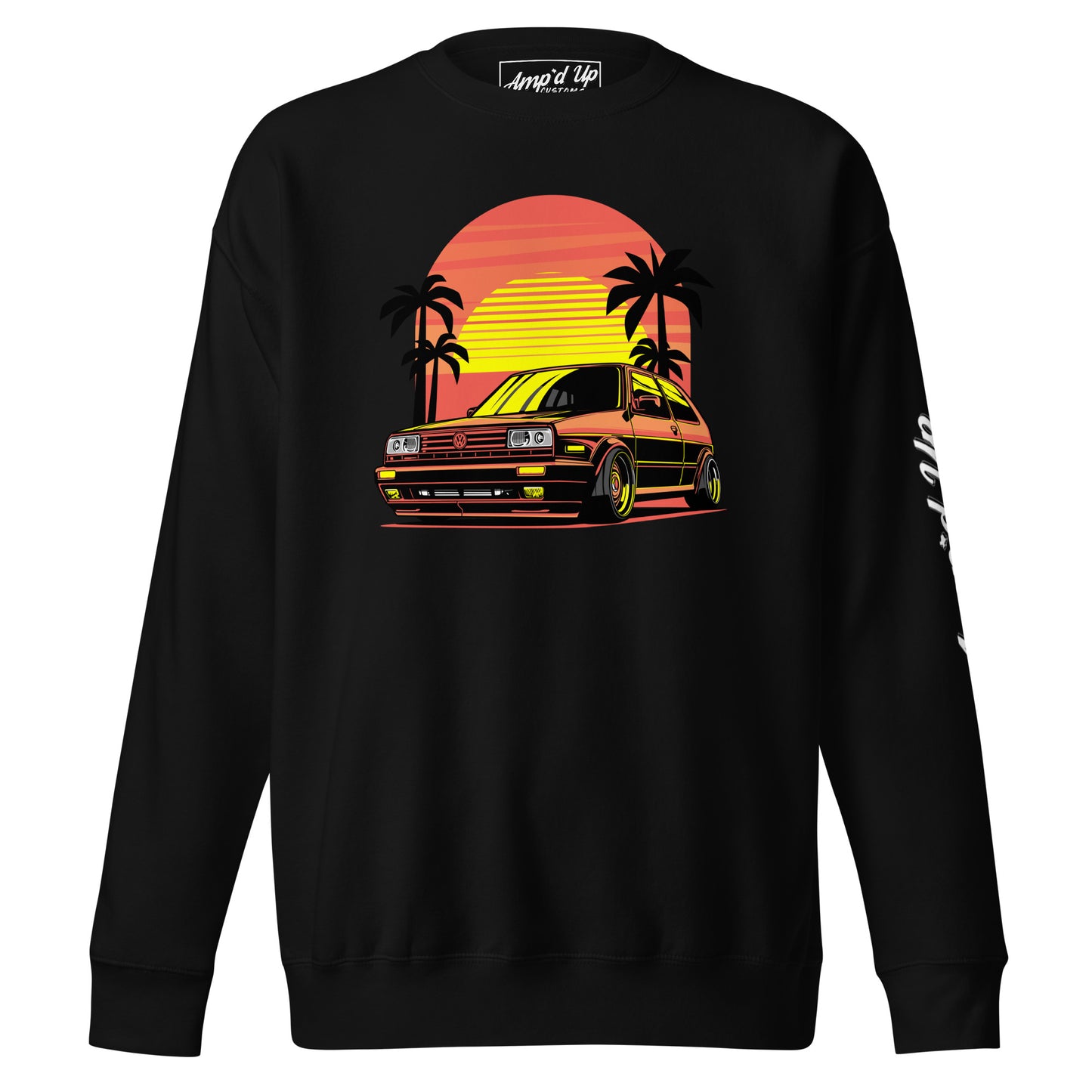 Amp'd Up Custom Sunset Volkswagen Sweatshirt featuring a vibrant sunset graphic with a vintage car