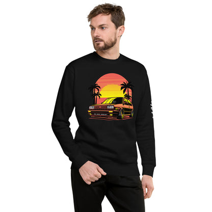 Stylish Sunset Volkswagen Sweatshirt featuring vibrant palm tree and car design on a black background