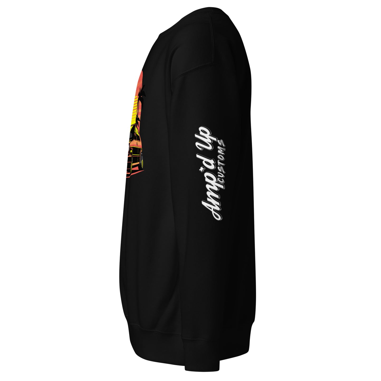 Side view of Sunset Volkswagen Sweatshirt by Amp'd Up Custom featuring vibrant graphic design