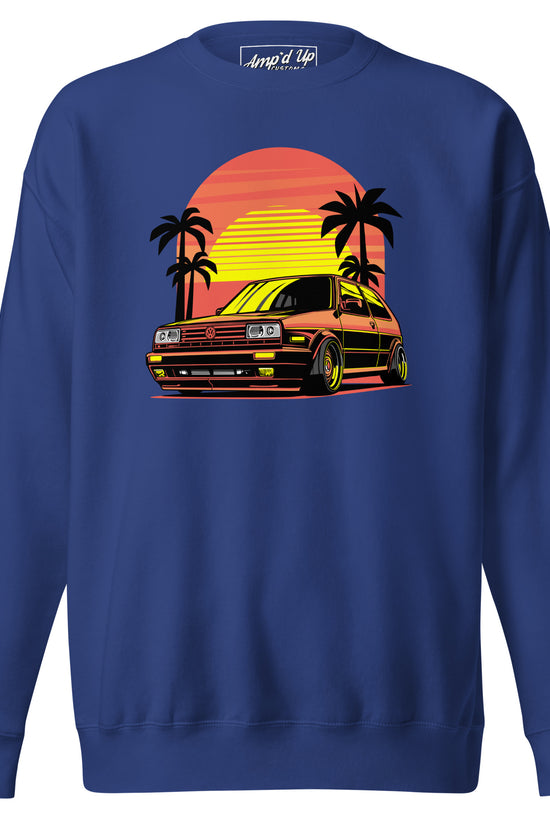 Sunset Volkswagen Sweatshirt featuring vibrant sunset and classic car design with palm trees