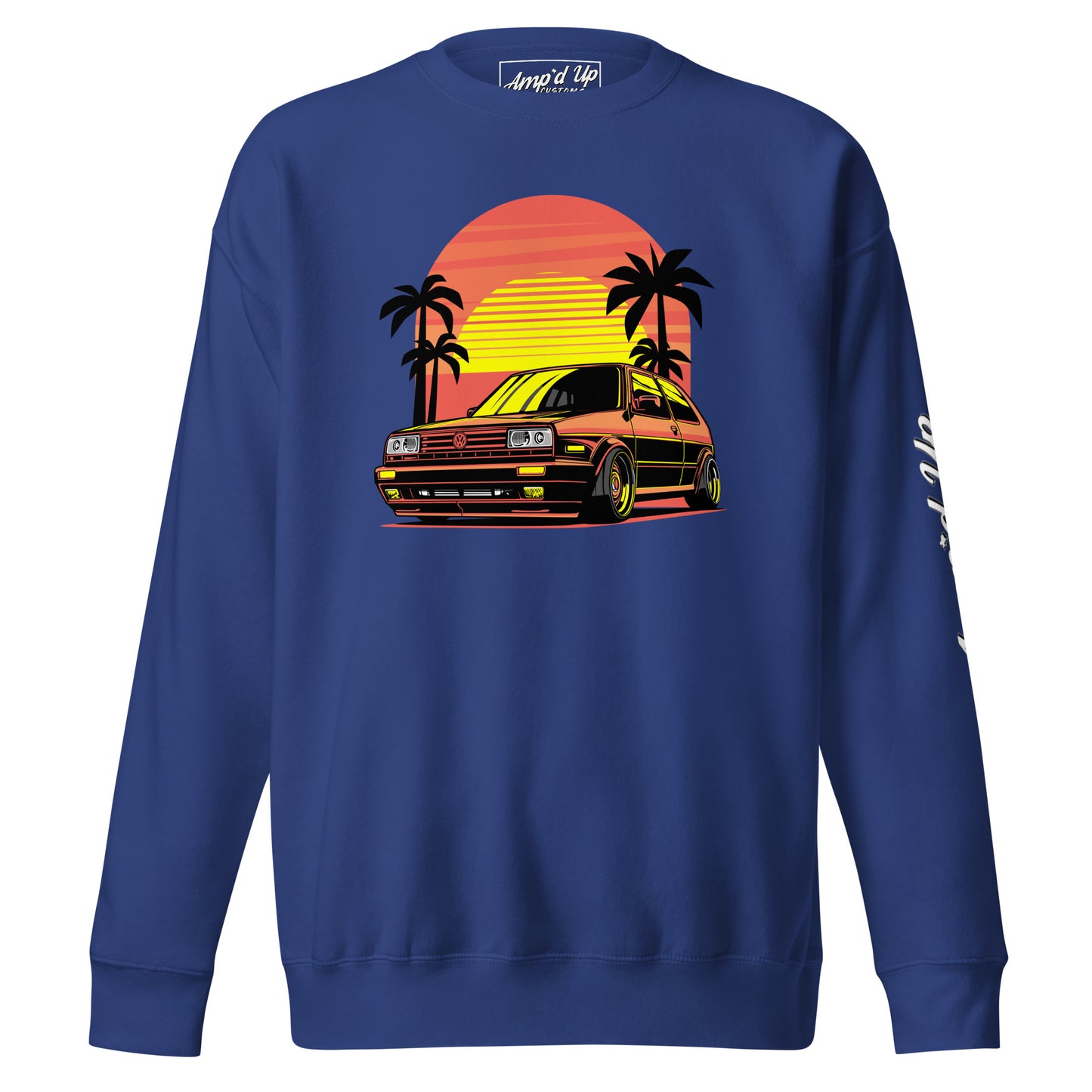 Sunset Volkswagen Sweatshirt featuring vibrant sunset and classic car design with palm trees