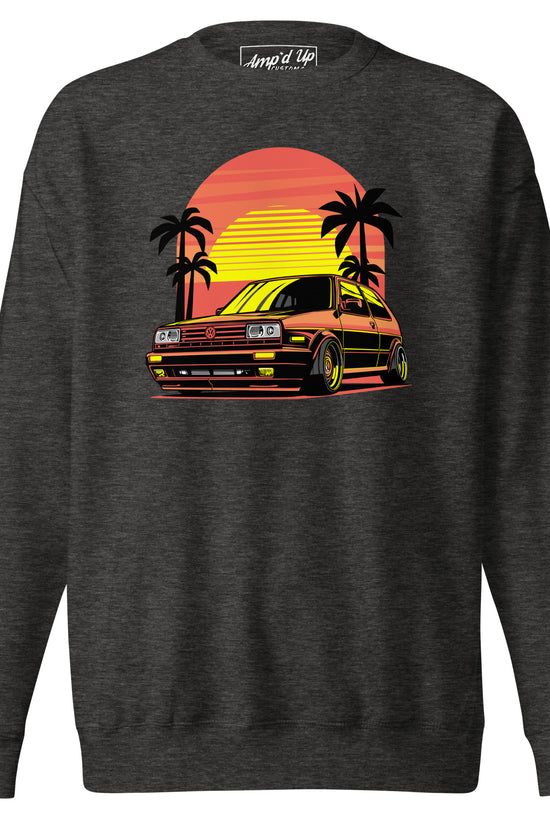 Sunset Volkswagen Sweatshirt featuring a stylish car design with colorful sunset and palm trees