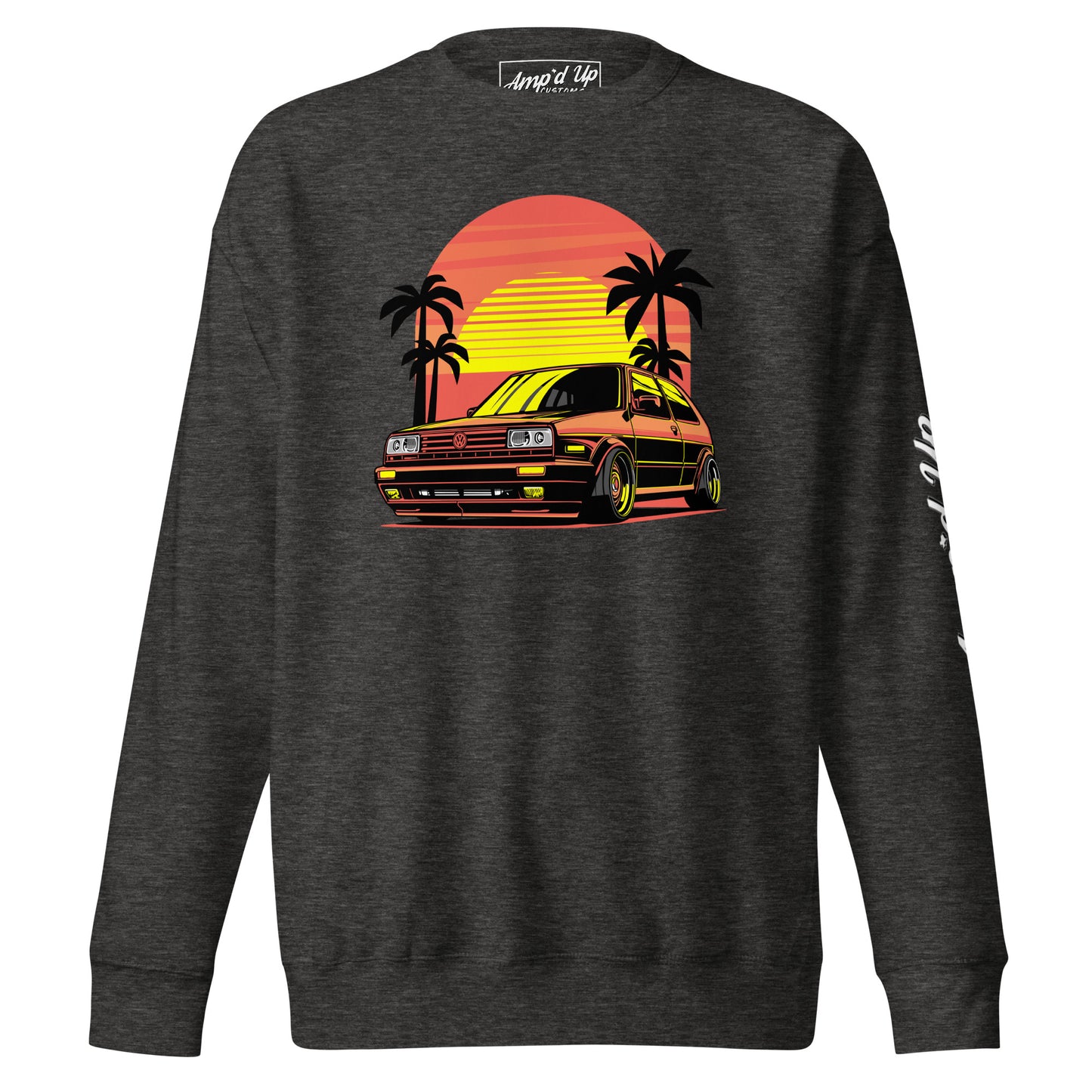 Sunset Volkswagen Sweatshirt featuring a stylish car design with colorful sunset and palm trees