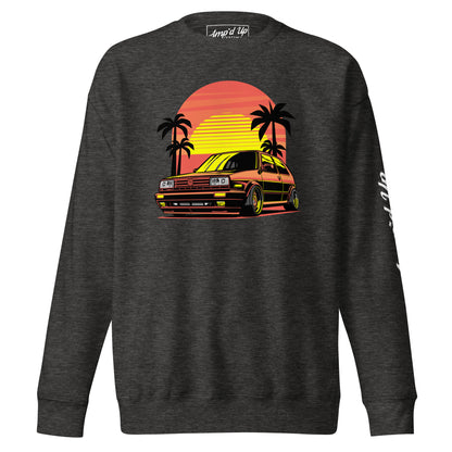 Sunset Volkswagen Sweatshirt featuring a stylish car design with colorful sunset and palm trees
