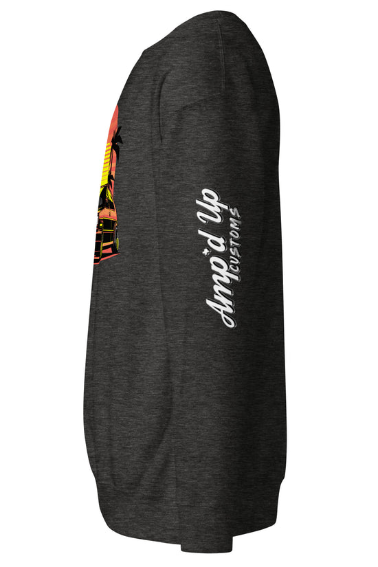Amp'd Up Custom Sunset Volkswagen Sweatshirt in charcoal gray with vibrant graphic design