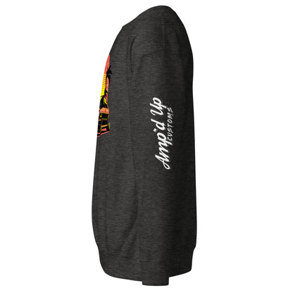 Amp'd Up Custom Sunset Volkswagen Sweatshirt in charcoal gray with vibrant graphic design