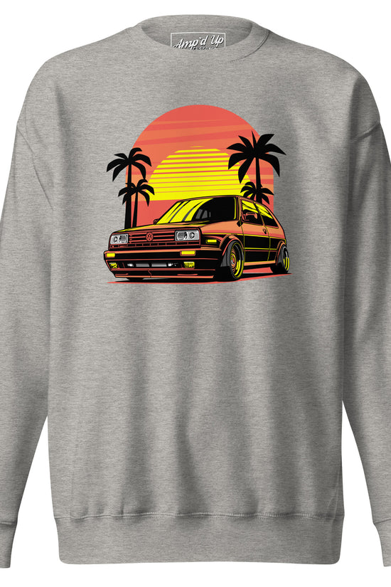 Gray Sunset Volkswagen Sweatshirt featuring a retro car graphic with palm trees and vibrant sunset colors