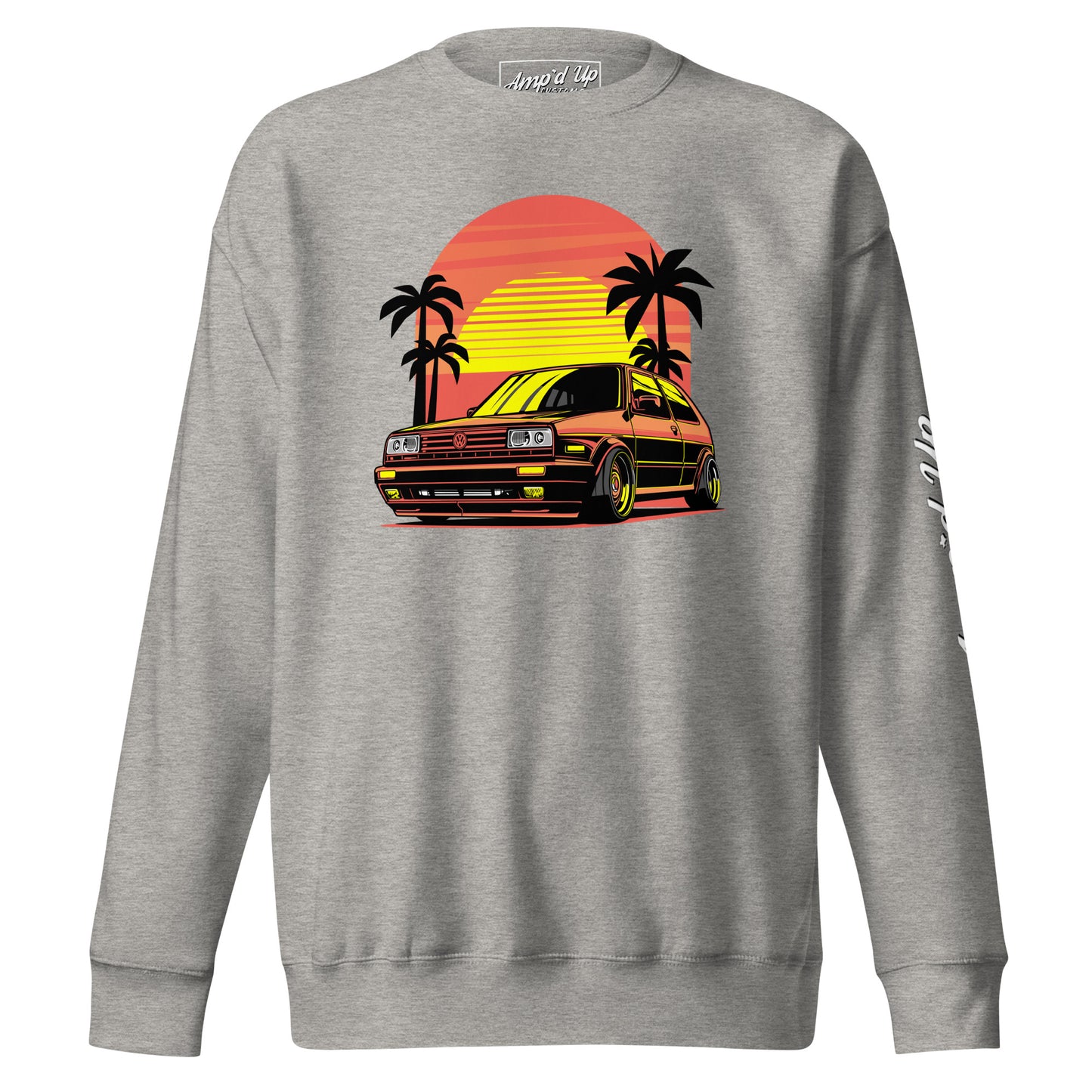 Gray Sunset Volkswagen Sweatshirt featuring a retro car graphic with palm trees and vibrant sunset colors