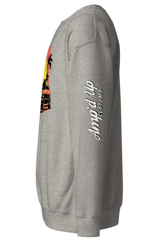 Gray Sunset Volkswagen Sweatshirt with vibrant graphic design and Amp'd Up Custom branding on the sleeve