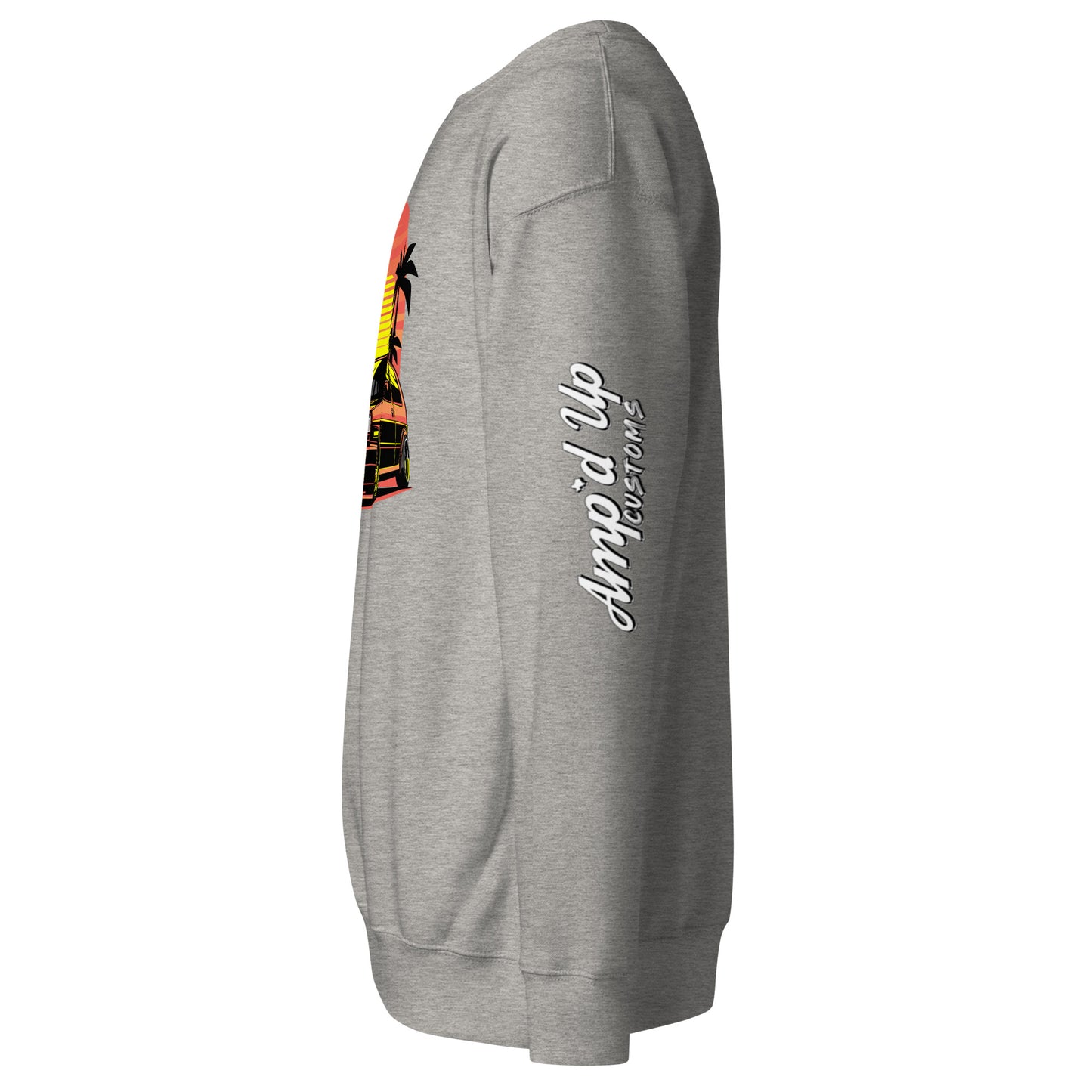 Gray Sunset Volkswagen Sweatshirt with vibrant graphic design and Amp'd Up Custom branding on the sleeve