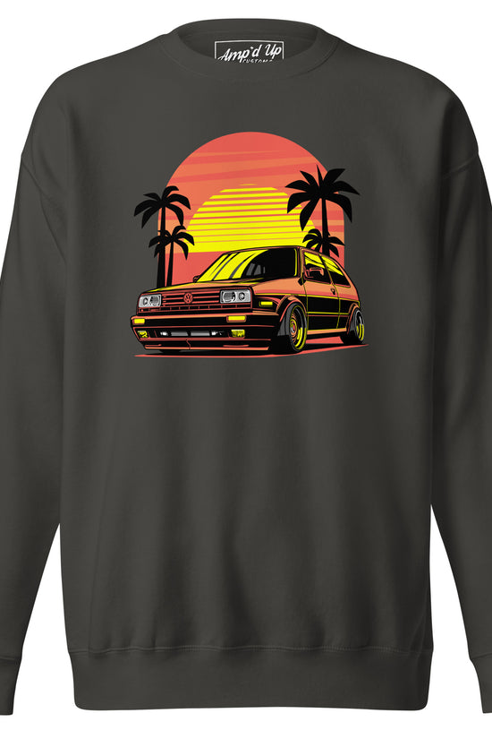 Sunset Volkswagen Sweatshirt featuring a retro car design with palm trees and a vibrant sunset backdrop
