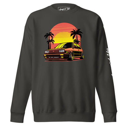 Sunset Volkswagen Sweatshirt featuring a retro car design with palm trees and a vibrant sunset backdrop