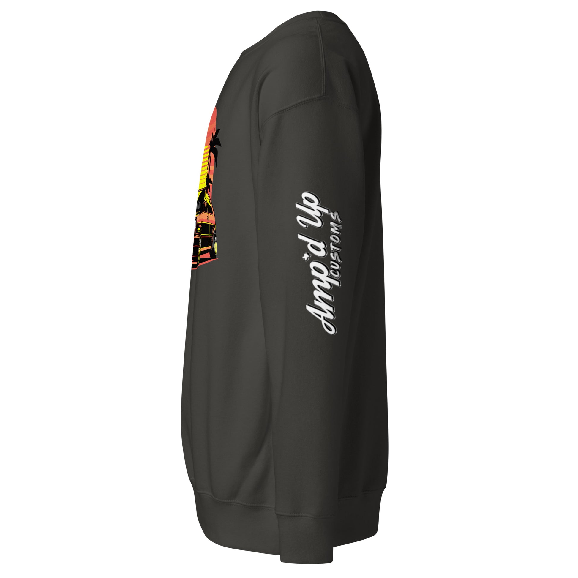 Sunset Volkswagen Sweatshirt by Amp'd Up Custom featuring vibrant sunset and palm tree design