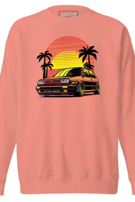 Sunset Volkswagen Sweatshirt in coral featuring retro car and palm tree design