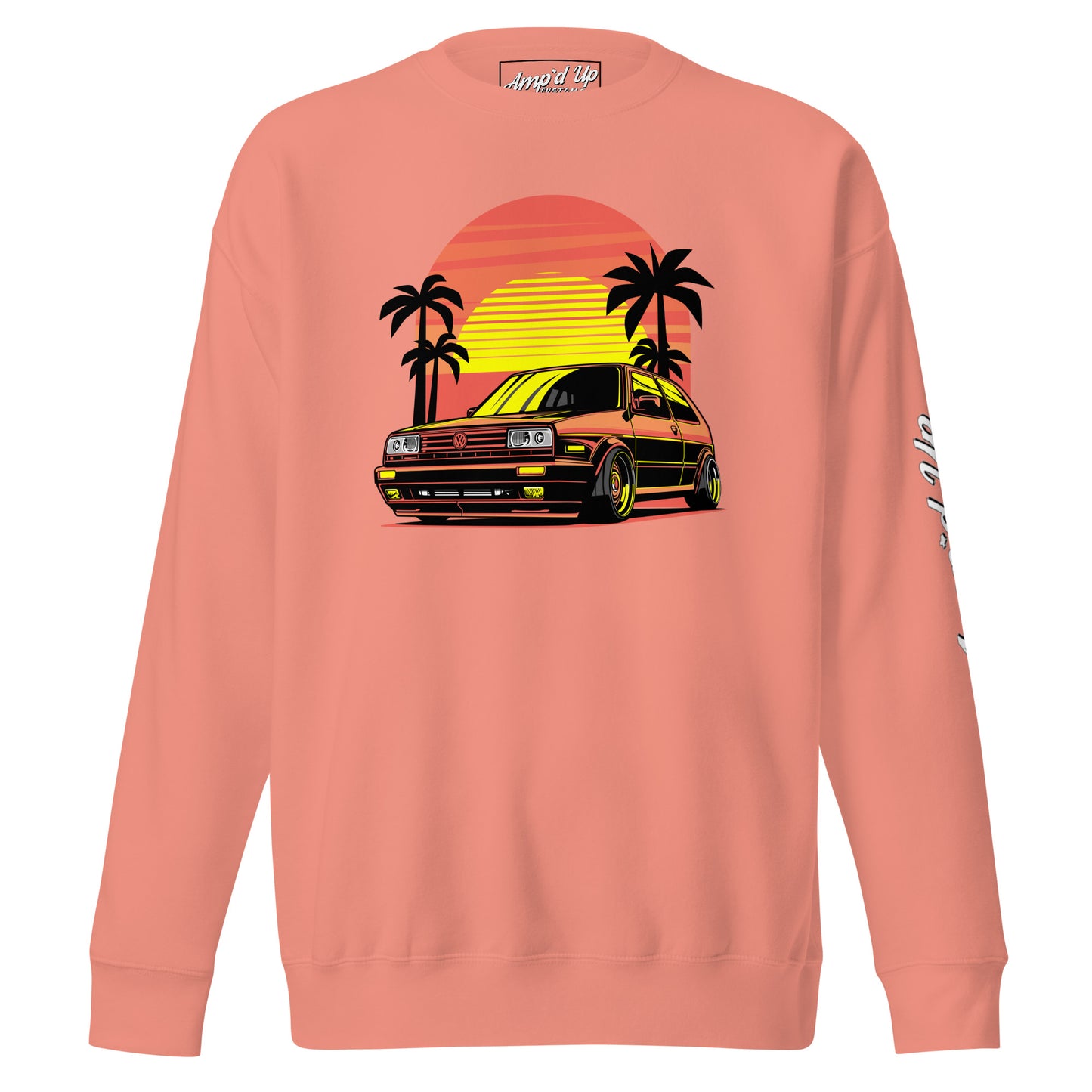 Sunset Volkswagen Sweatshirt in coral featuring retro car and palm tree design