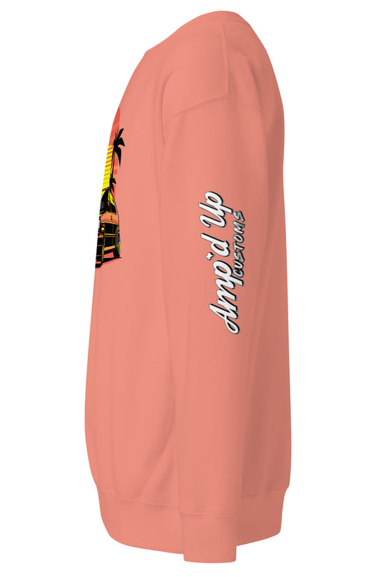 Side view of a Sunset Volkswagen Sweatshirt by Amp'd Up Custom in a coral color