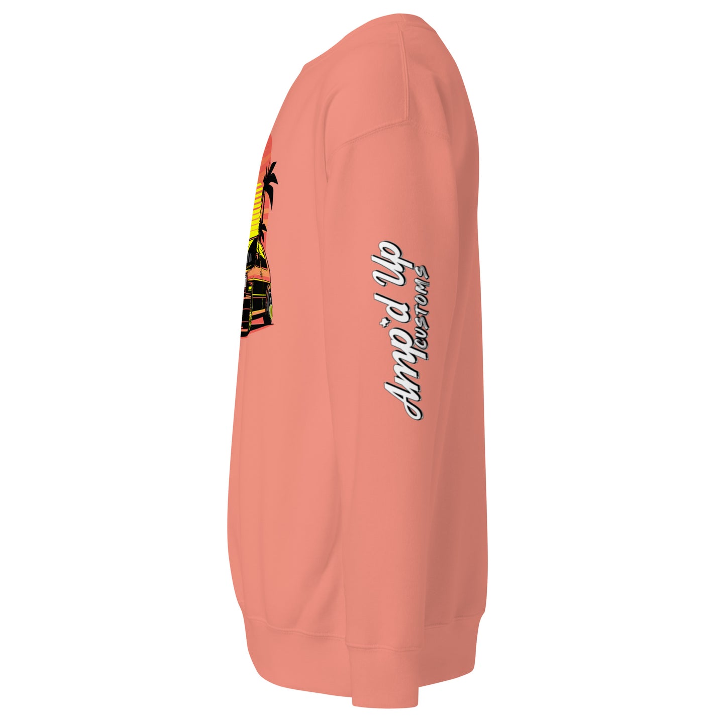 Side view of a Sunset Volkswagen Sweatshirt by Amp'd Up Custom in a coral color