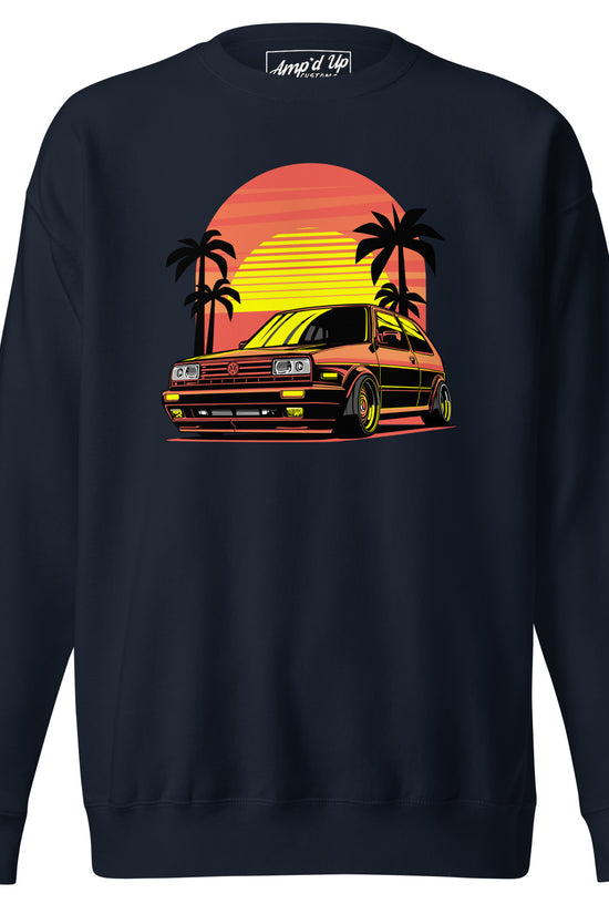 Sunset Volkswagen Sweatshirt featuring a retro car design with palm trees and a sunset background