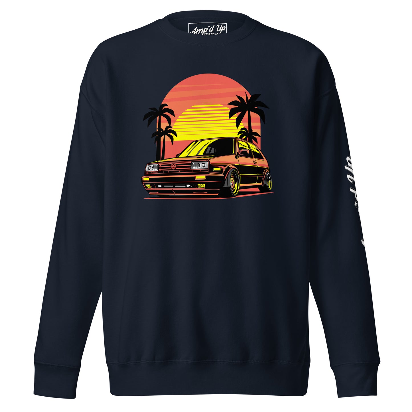 Sunset Volkswagen Sweatshirt featuring a retro car design with palm trees and a sunset background