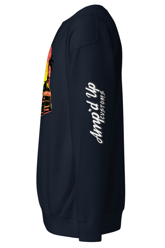 Side view of Sunset Volkswagen Sweatshirt by Amp'd Up Custom featuring a vibrant sunset design