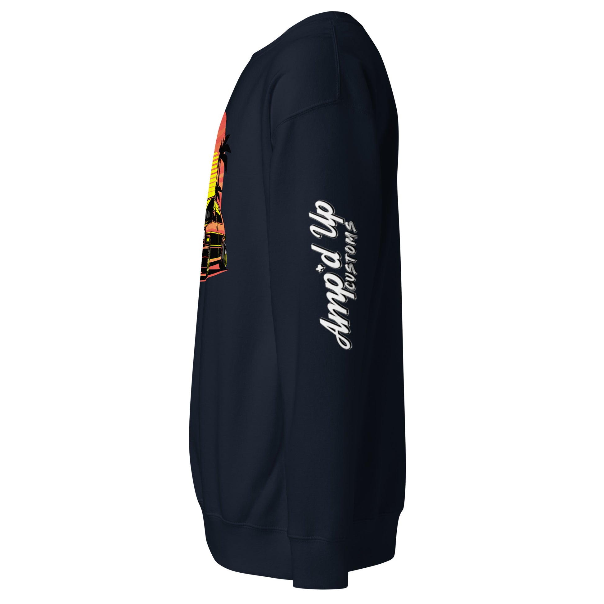 Side view of Sunset Volkswagen Sweatshirt by Amp'd Up Custom featuring a vibrant sunset design