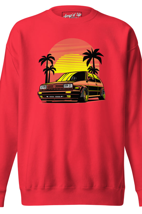 Red Sunset Volkswagen Sweatshirt featuring a retro car and palm tree graphic