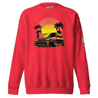 Red Sunset Volkswagen Sweatshirt featuring a retro car and palm tree graphic