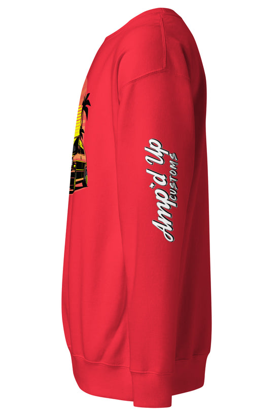 Red Sunset Volkswagen Sweatshirt by Amp'd Up Custom featuring vibrant sunset design and logo
